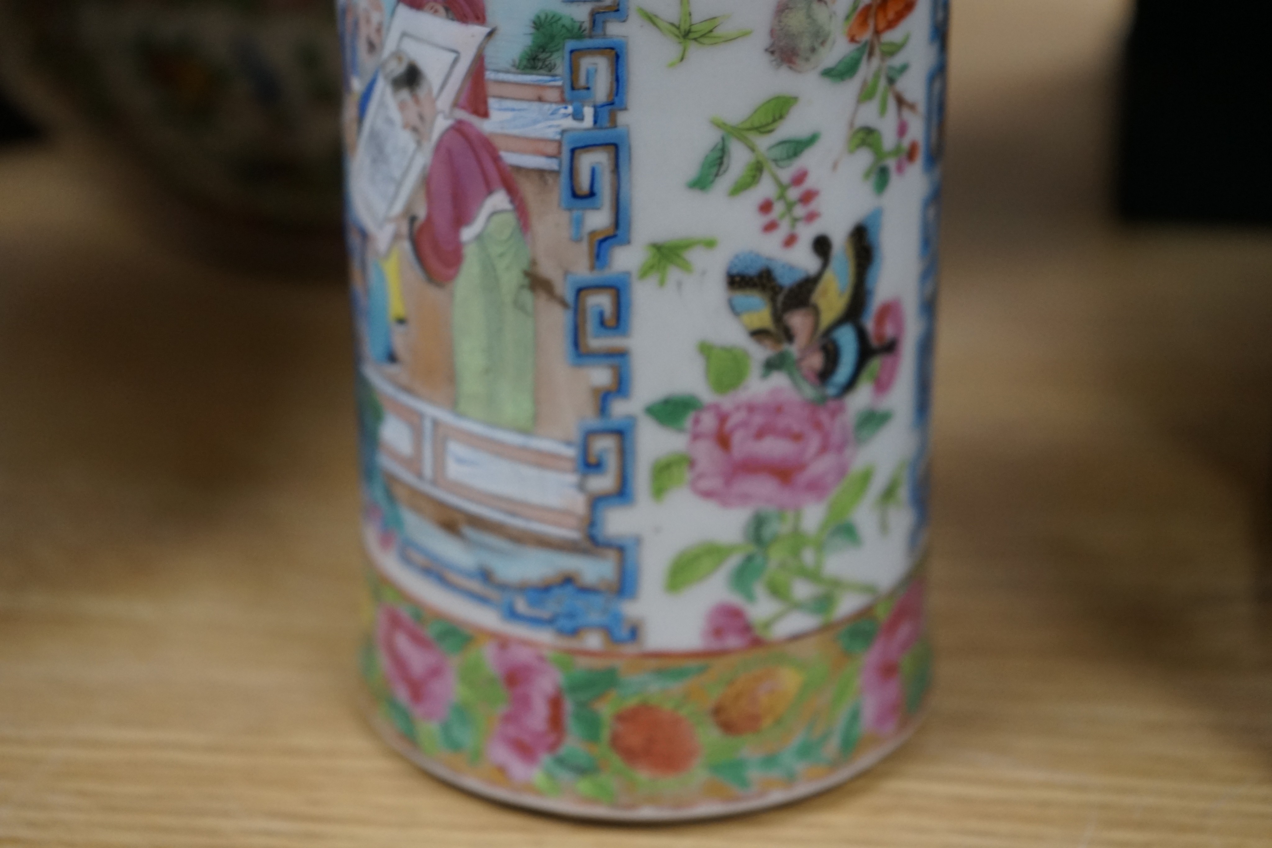 A Chinese famille rose sleeve vase, a similar bowl and a crackle glaze vase, 19th century and later, 31cm